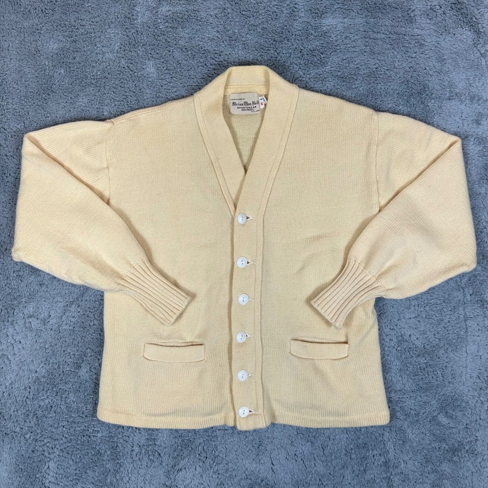 Brian MacNeil Sportswear Vintage 100% Wool Shawl Collar Cardigan Cream Yellow M